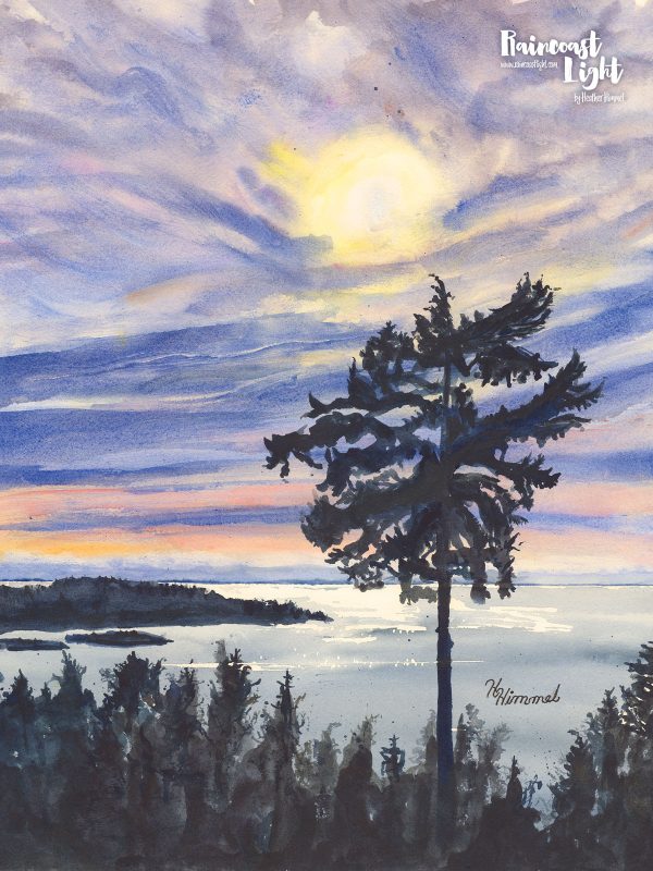 Watercolour painting of a tall tree standing above the rest with a view over the Salish Sea in Sechelt, British Columbia