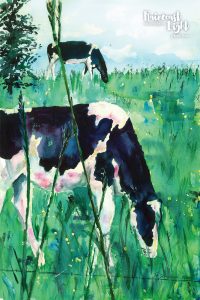 Watercolour painting of cows grazing in a field
