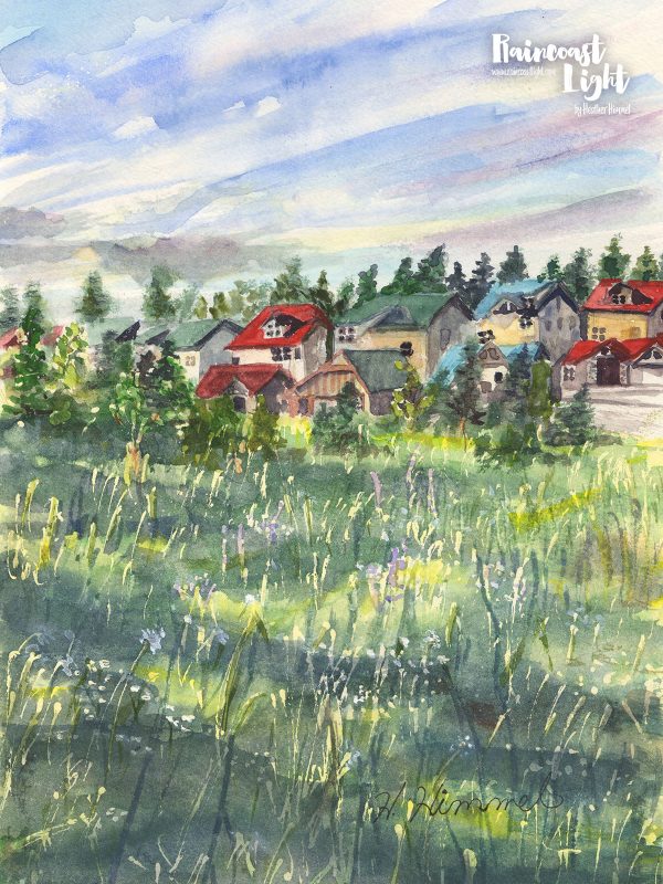 Watercolour painting of a grassy meadow with alpine houses in the background in Kimberley, British Columbia