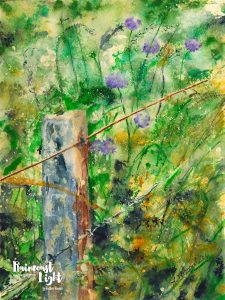 Thumbnail of a watercolour painting of a barbed wire fence and post