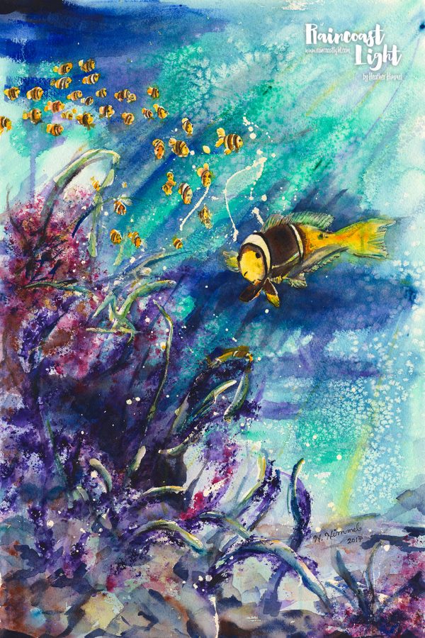 Watercolour painting of a school of yellow fish swimming underwater