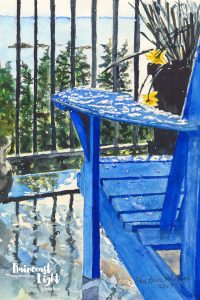 Watercolour painting of an empty adirondack chair looking out over the Salish Sea in Sechelt