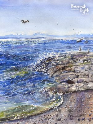 Watercolour painting of a wild ocean scene with waves crashing on rocks and seagulls flying overhead. In the distance snow capped mountains can be seen.