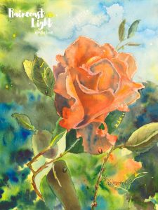 Watercolour painting of a vibrant orange rose