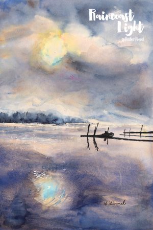 Watercolour painting of a misty waterscape scene