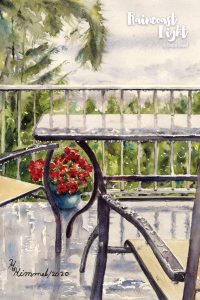 Watercolour painting of deck with a view of trees and flowers and the georgia straight beyond
