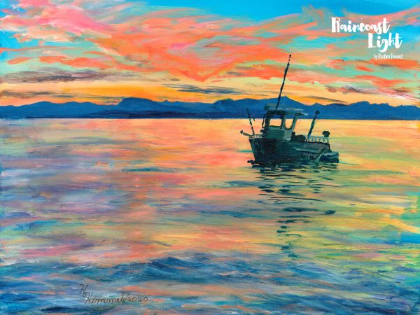 Acrylic painting of a boat floating with a vivid sunset backdrop