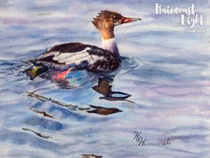 Acrylic paining of a beautiful Merganser floating in water