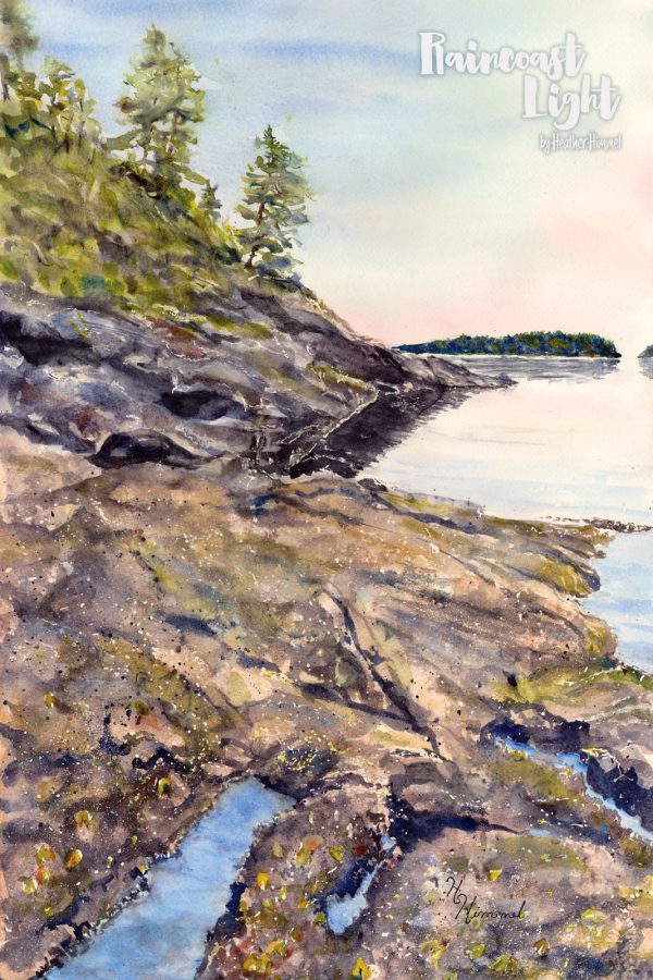 Landscape watercolour of a warm shoreline