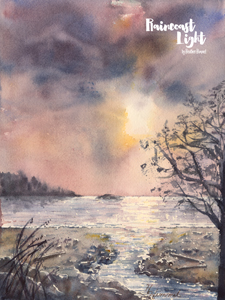 Watercolor waterscape/landscape of the beach and the salish sea (strait of georgia)